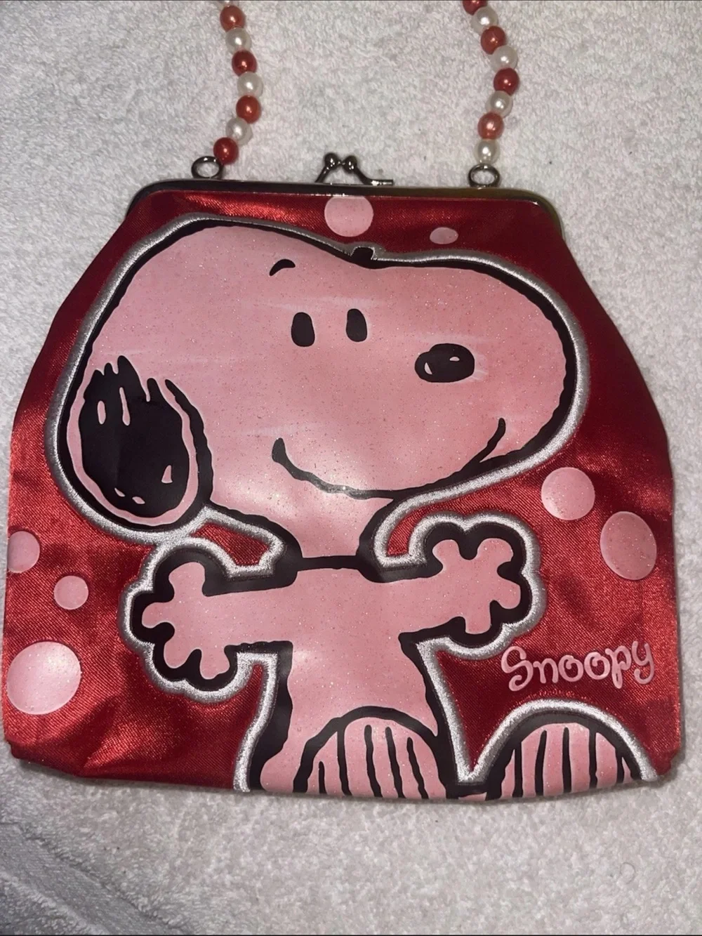 Snoopy Red Pink Small Novelty Beaded Handle Women's Bag